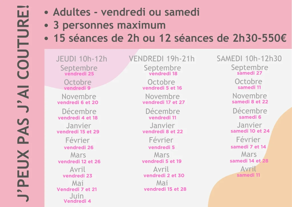Plannings cours à l'année adultes
